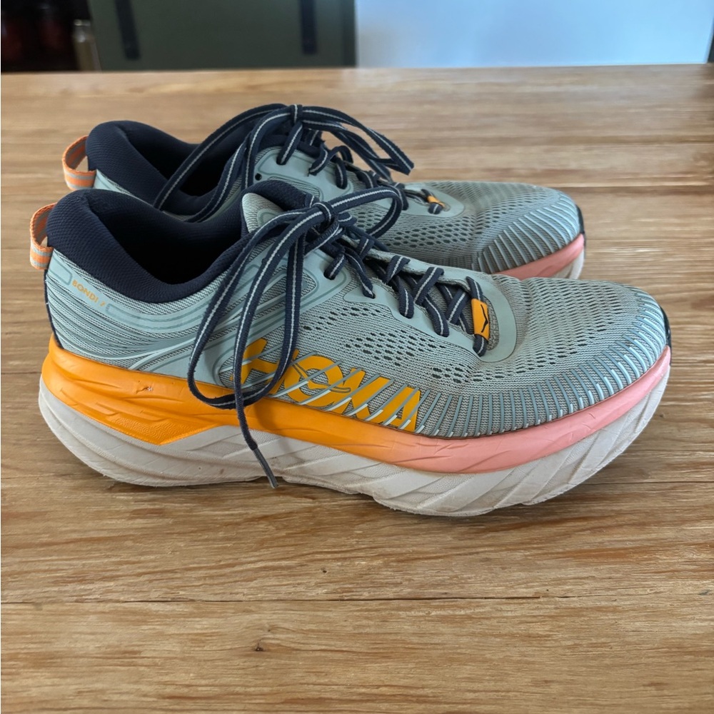 Hoka One One Bondi 7 Running Shoes Sz 8 Women Blue Haze Orange Pink